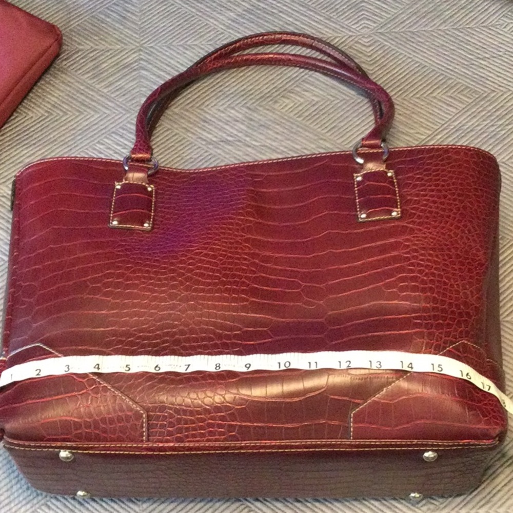 Large red crocodile embossed vegan leather tote with a computer zip bag
